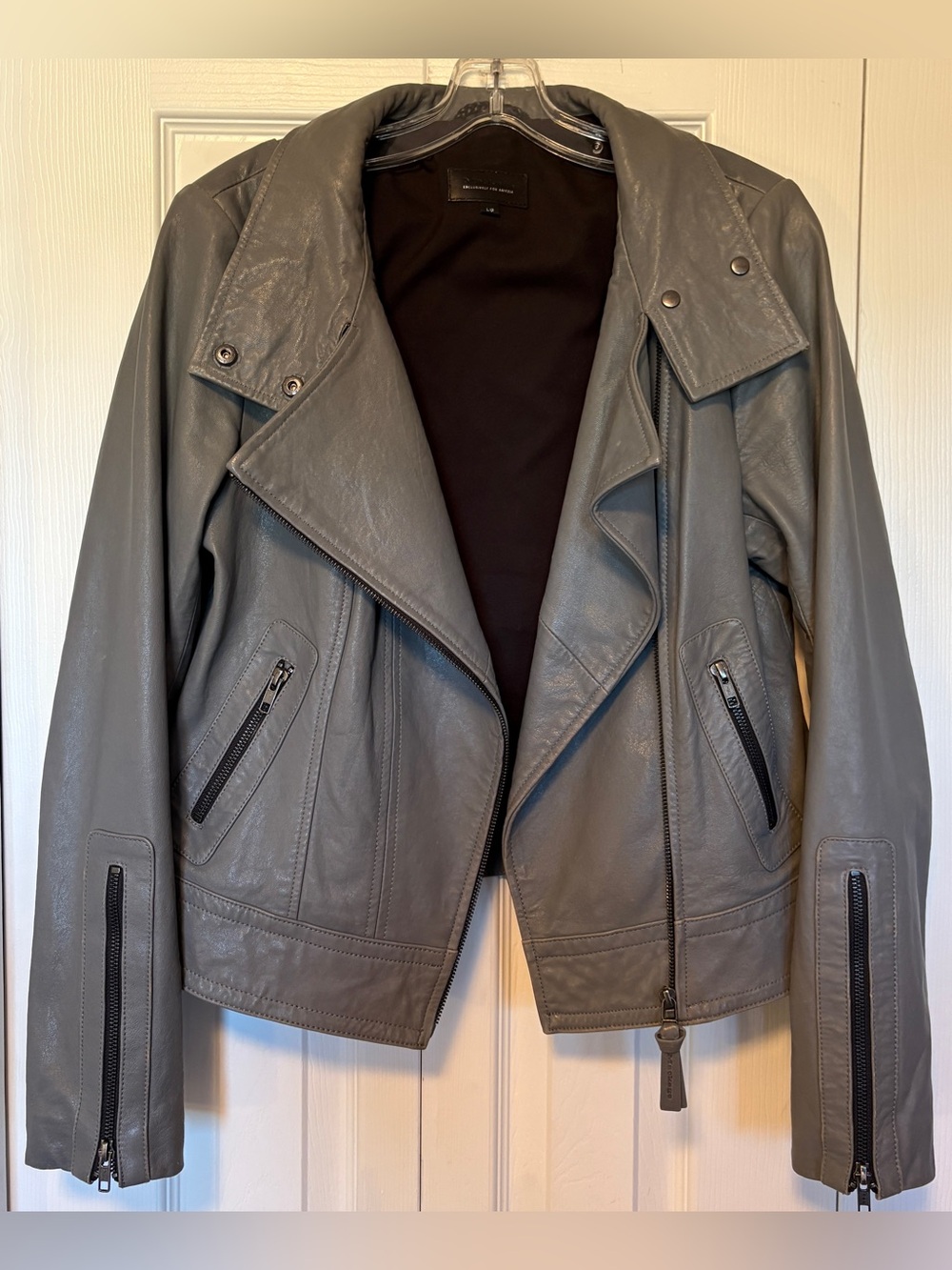 Aritzia x Mackage Kenya Mineral Grey Lambskin Leather Moto Biker Jacket Large L